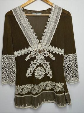 Passion Concept tunic top Y2K Crotchet lace embellishments large Women’s Boho